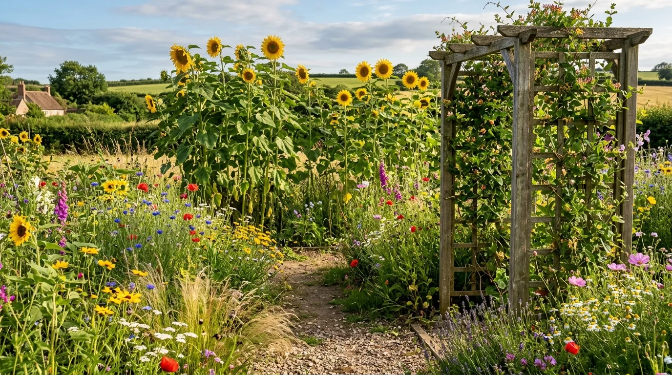 Rustic Wildflower Garden With Sunflowers